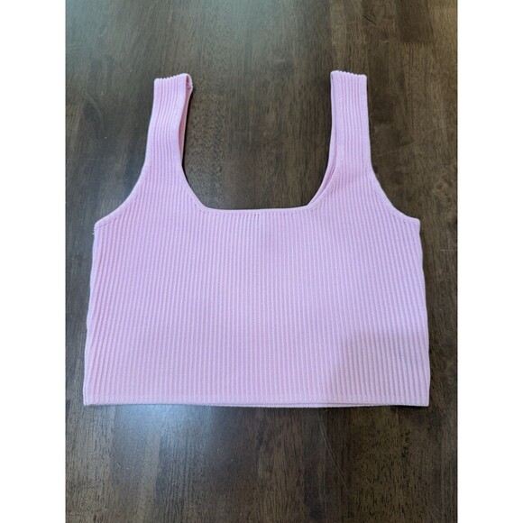 White Fox Pink Ribbed Knit Crop Tank Top Small | Y2K Minimalist Sleeveless - Picture 5 of 8